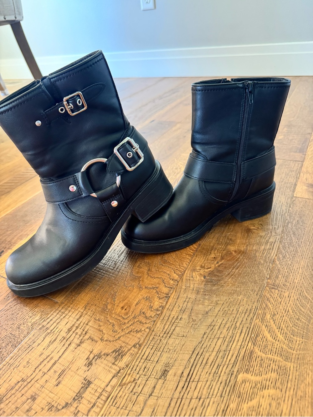 Universal Thread Black Moto Ankle Boots with Buckle Ring Detail